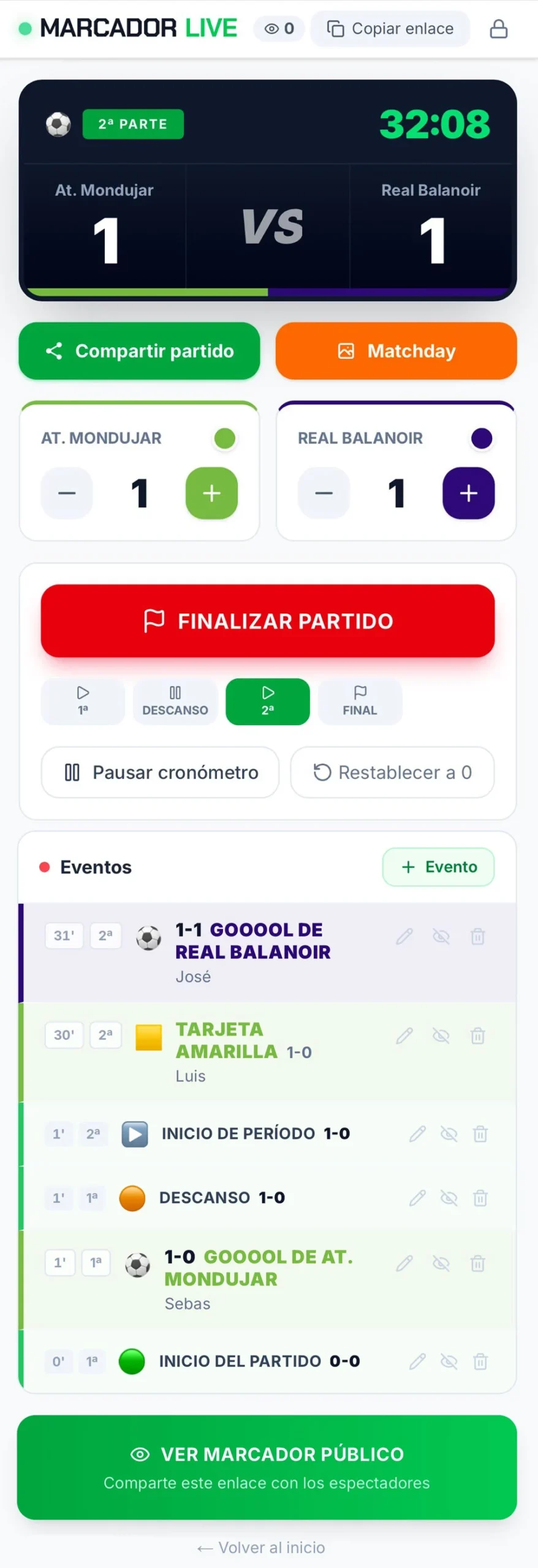 Panel de gestión del partido